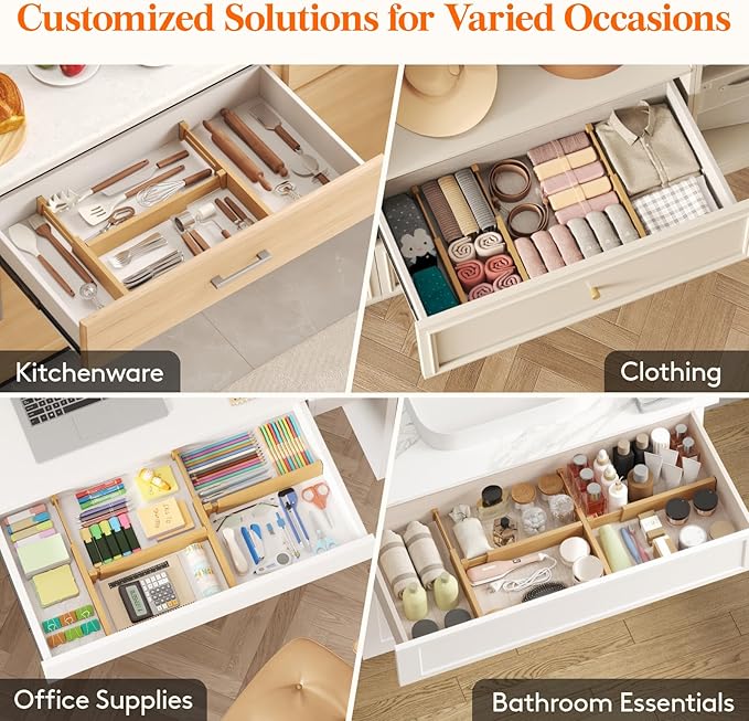 Lifewit 2.4" High 6 Pack Bamboo Drawer Dividers 33-42cm/13-16.5" Adjustable Wooden Drawer Organizer for Clothes/Utensils, Exp