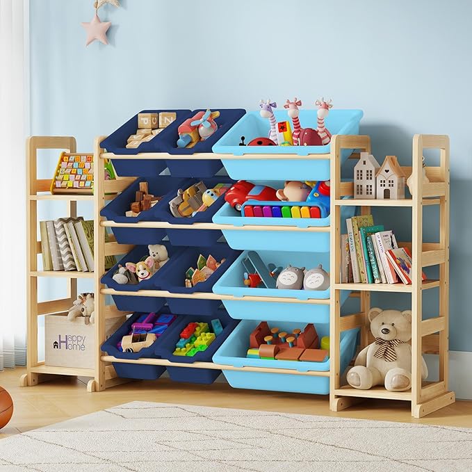 EXPERLAM Extra Large Toy Storage - Toy Storage Organizer, Wooden Toy Organizer with 6 Side Shelves and 12 Bins, 3-in-1 Booksh
