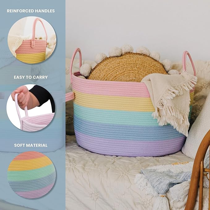 OrganiHaus Rainbow Blanket Basket for Classroom & Nursery, Extra Large Woven Laundry Basket w/Handles, Kids Toy Organizer & S
