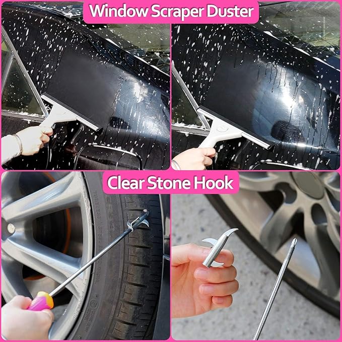 THINKWORK Pink Car Detailing Cleaning Kit, Car Wash Kit, Car Accessories for Women Suitable for Small and Medium Vehicles Suc