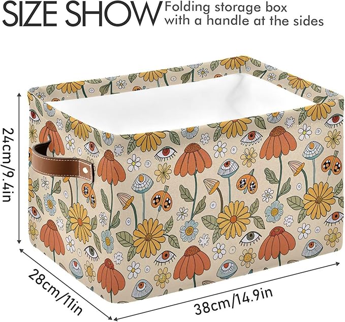 xigua Mushroom Eyes Storage Basket Collapsible Storage Bins Waterproof Canvas Storage Basket with Leather Handles for Home Cl