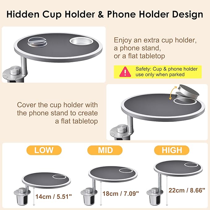 Car Food Tray & Car Table Tray with Car-Grade Aluminum Cup Holder & Phone Stand, Premium Wood with Leather Surface, 360° Rotating Car Desk for Laptop &Eating (Round, Black)