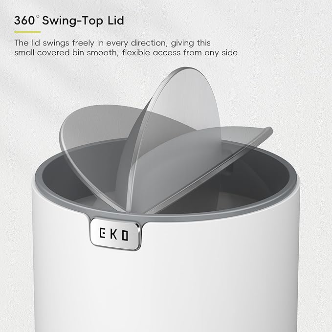EKO Mini Desk Trash Can with Swing-Top Lid 0.4 Gallon Small Table Round Wastebasket for Office, Home, Car (White)