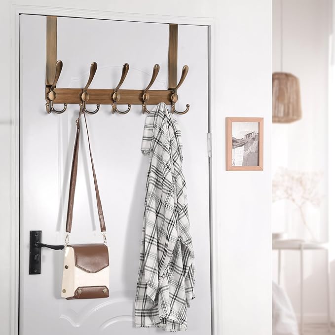 Dseap Over The Door Hook Hanger - Fits 1 3/8" to 1 3/4" Standard Doors | 5 Tri Hooks Heavy Duty Towel/Coat Rack | Door Organi