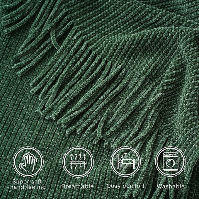 BATTILO HOME Dark Green Throw Blanket for Couch, Soft Chenille Knit Throws with Tassels for Home Decor, Christmas Green Throw