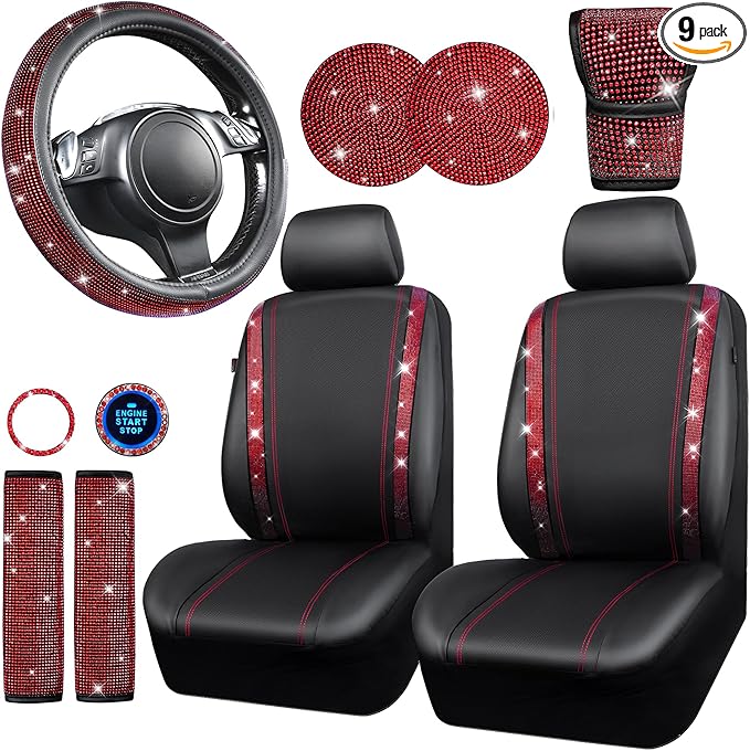 CAR PASS Leather Red Diamond Seat Cover Set, 11pcs Including Steering Wheel & Gear Cover, for Women, Universal Fit