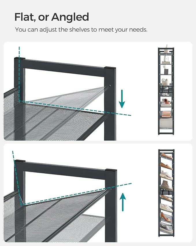 SONGMICS Shoe Rack, 8-Tier Shoe Organizer, Metal Rack for Garage, Set of 2, 4-Tier Stackable Shelf, with Adjustable Flat or A