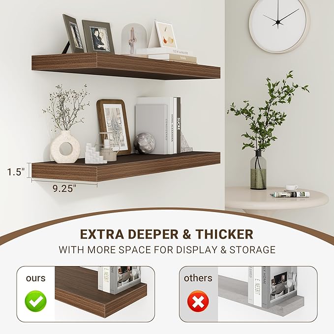 32 Inch Floating Shelves, 3D Textured Wood Grain, 32"x9.25"x1.5" Inch Deep Floating Shelves for Wall, Wooden Shelves for Bath