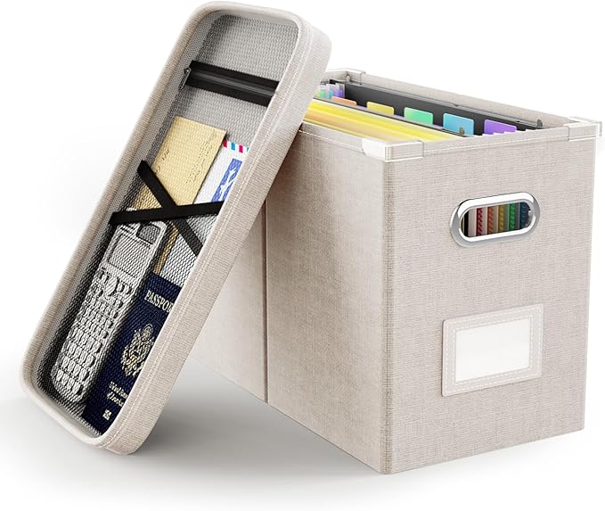 Oterri File Organizer Box with Lid, Hanging Filing File Box with Mesh Pocket, Document Organizer Box for Letter Files, Portab