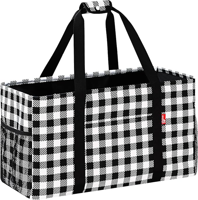 Extra Large Utility Tote Bag, Foldable Reusable Grocery Bags with Metal Wire Frame & Reinforced Bottom Board, Stand up Large Utility Tote for Groceries, Beach Bag, Laundry, Car (Cube Plaid)