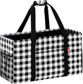 Extra Large Utility Tote Bag, Foldable Reusable Grocery Bags with Metal Wire Frame & Reinforced Bottom Board, Stand up Large Utility Tote for Groceries, Beach Bag, Laundry, Car (Cube Plaid)