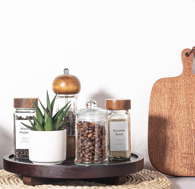 Round Decorative Tray Wood Bathroom Counter Organizer Farmhouse Kitchen Decor Wooden Riser for Soap Dish, Perfume, Candle, Sp