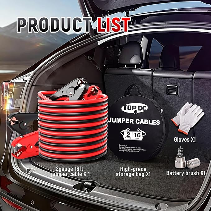 TOPDC 2 Gauge 16 Feet Jumper Cables for Car, SUV and Trucks Battery, Heavy Duty Automotive Booster Cables for Jump Starting Dead or Weak Batteries with Carry Bag