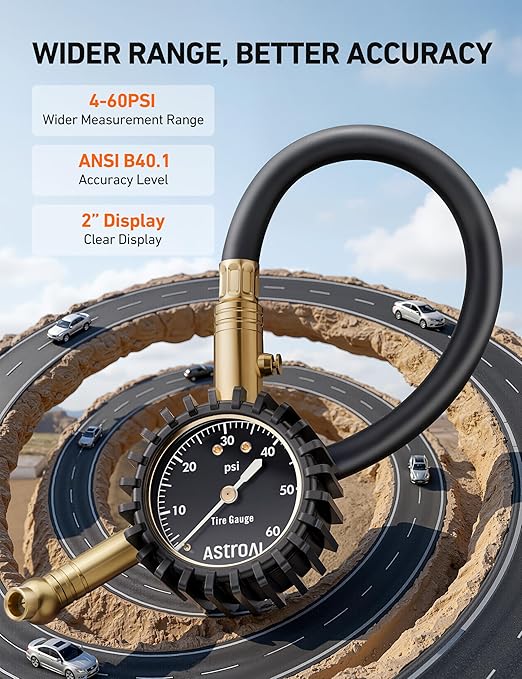 AstroAI Tire Pressure Gauge for Cars with Large 2" Dial, Solid Brass with Rubber Hose, Air Bleeder Valve, ANSI B40.1, 0-60PSI