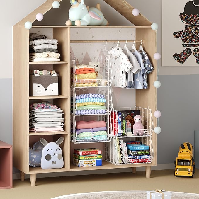 5 Tier Closet Hanging Organizer, Clothes Hanging Shelves with 4 Hanging Hooks 5 S Hooks, Wire Storage Basket Bins, for Clothi