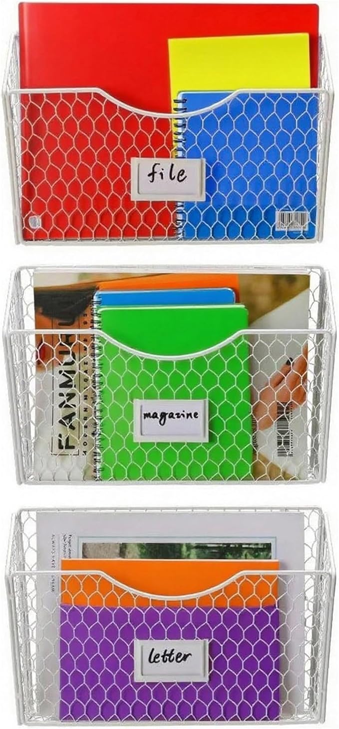 Magazine Rack 3 Pockets Hanging File Organizer Metal Wire Baskets with Tag Slot literature catalogs,mail,letters,charts,broch