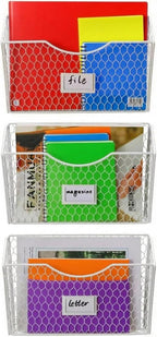 Magazine Rack 3 Pockets Hanging File Organizer Metal Wire Baskets with Tag Slot literature catalogs,mail,letters,charts,broch
