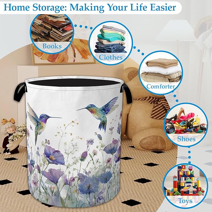 Hummingbird Flowers Laundry Basket Collapsible Laundry Hamper Clothes Toy Storage Bin for Bathroom Bedroom Room Decor 16" X 2