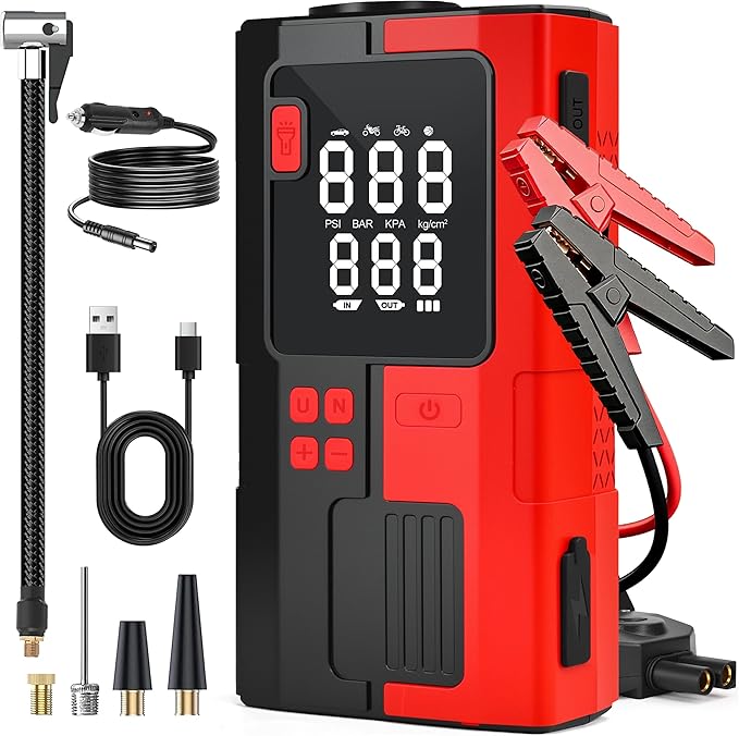 Car Battery Jump Starter with Air Compressor, 6000mAh Tire Inflator, 16.8V Portable Jump Box with LED Light/Flashlight for 6.0L Gas/3.0L Diesel, Car Battery Jumper Starter Portable, Jumper Cables
