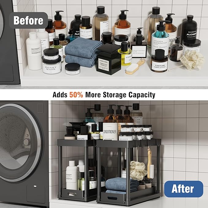 2 Pack Pull-Out Storage Organizers, Under Sink Organizer and Storage for Bathroom & Kitchen,Multi-Purpose Under Cabinet Organ