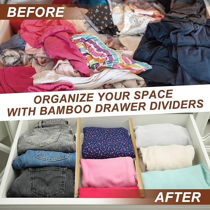 4 Pcs Deep Bamboo Drawer Dividers, Deep Kitchen Dresser Drawer Organizer with Spring Loaded for Clothes, Adjustable Expandabl