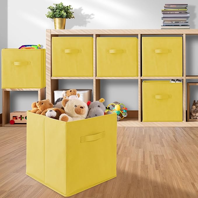 Casafield Set of 6 Collapsible Fabric Cube Storage Bins, Yellow - 13" Foldable Cloth Baskets for Shelves, Cubby Organizers & 
