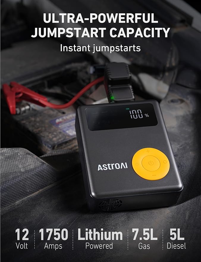 AstroAI Portable Car Jump Starter with Air Compressor, 150PSI 1750A Car Jumper Starter Battery Pack with Cordless Tire