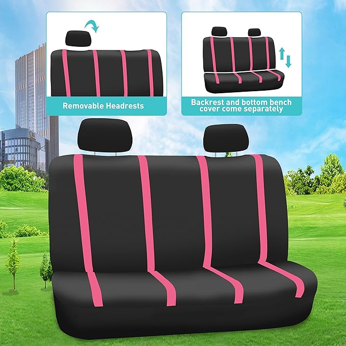 FH Group Unique Flat Cloth Full Set Car Seat Covers w. Silicone Steering Wheel Cover- Universal Fit for Most Cars, Trucks, SUVs or Vans (Pink/Black)