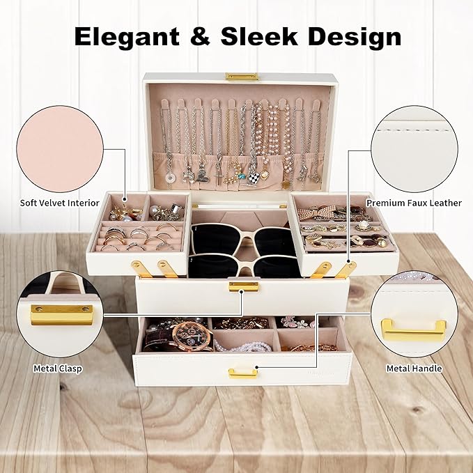 Dajasan Jewelry Organizer Box, Large Jewelry Boxes for Women Girls, Space-Saving 3 Layers Jewelry Storage Case with Drawer, M