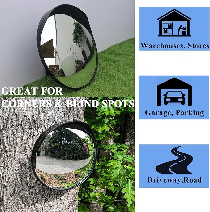 2PCS 12'' High-Grade Acrylic Convex Safety Mirror - 130° Wide Angle, Adjustable Fixing, Anti-Impact, Wall Mount for Blind Spot Elimination (Warehouse/Garage/Driveway, Indoor & Outdoor Use)
