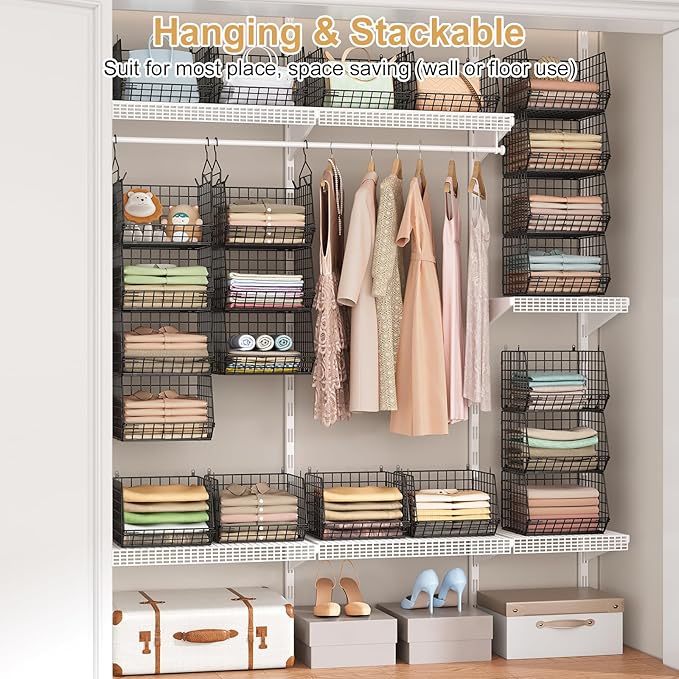 6 Tier Closet Hanging Organizer, Clothes Hanging Shelves with 4 Hanging Hooks 5 S Hooks, Wire Storage Basket Bins, for Clothi