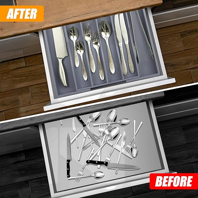Kitchen Silverware Drawer Organizer and Storage Bamboo Wood Cooking Utensil Holder Cutlery Knife Jewelry Spice Rack Spoon For