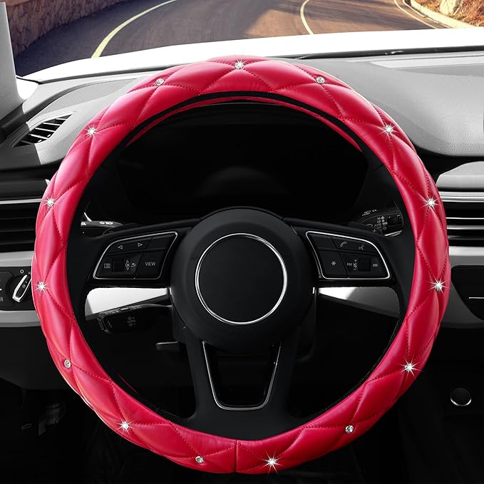 YOGURTCK Cute Diamond Soft Leather Anti-Slip Steering Wheel Cover with Bling Bling Crystal Rhinestones, Universal 15 Inch for