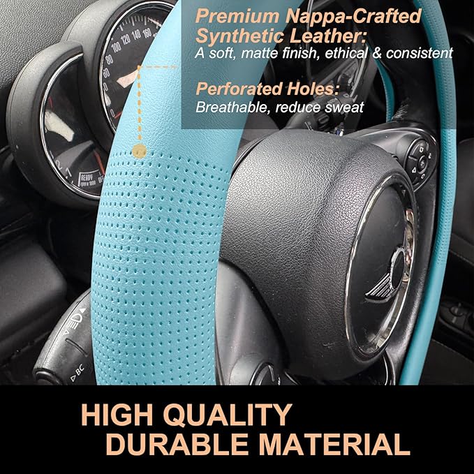 PINCTROT Large Size Nappa Leather Steering Wheel Cover, Slim Fit No Bulk Design, One Piece Leather with Breathable Perforatio