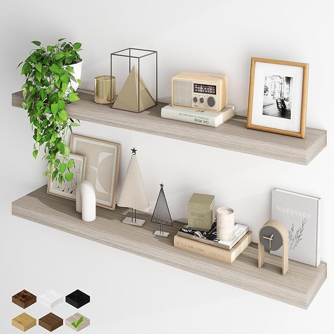Fun Memories Floating Shelves for Wall, 48Inch Long Floating Shelves Set of 2, Hanging Shelf with Invisible Brackets, Wood Sh