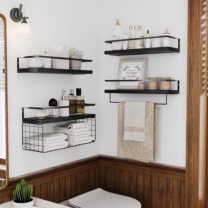 Black Wood Floating Shelves Wall Mounted - 3+1 Tier Rustic Bathroom Wall Shelves Over Toilet with Wire Storage Basket and Tow