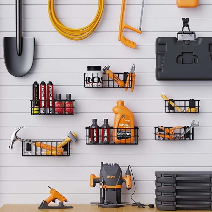 Heavy Duty Slatwall Baskets - 6 Pack Black Multi-Size Storage Organizer for Garage Workshop, Fits Standard Panels