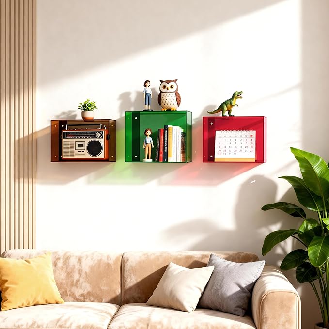 Acrylic Floating Shelves for Wall, Wall Mounted Cube Shelf for Bedroom Living Room Bathroom Hanging Shelf for Storage (Colore
