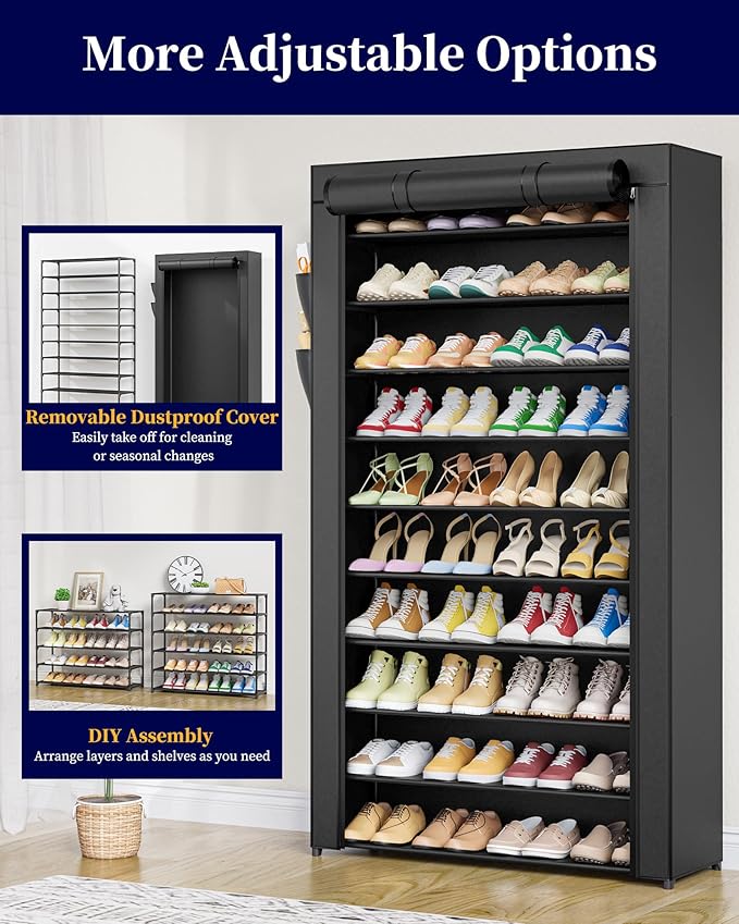 Kitsure Shoe Rack - 10-Tier Large Capacity Shoe Organizer Shelf with Dust Cover & Side Pockets, Rust-Proof Metal Shoe Rack fo