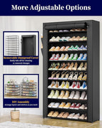 Kitsure Shoe Rack - 10-Tier Large Capacity Shoe Organizer Shelf with Dust Cover & Side Pockets, Rust-Proof Metal Shoe Rack fo