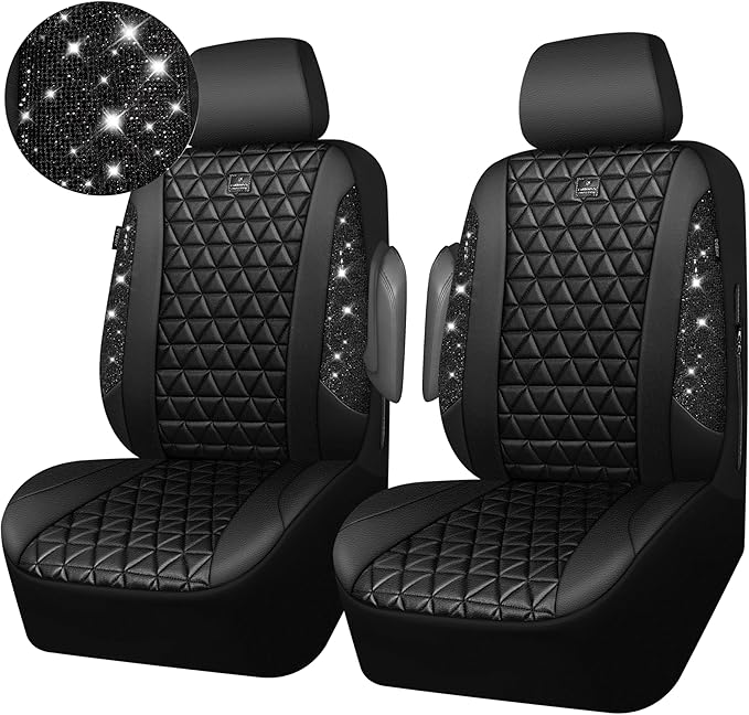CAR PASS Bling Diamond Leather Car Seat Covers 2 Front Seats Interior Sets, Waterproof Shining Glitter Sparkly Crystal Univer