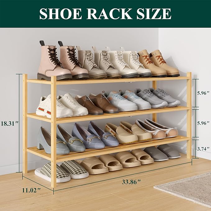 Smiry Long Bamboo Shoe Rack 3-Tier, Stackable Wooden Shoe Organizer for Entryway & Closet, Free Standing Wood Shoe Storage Sh
