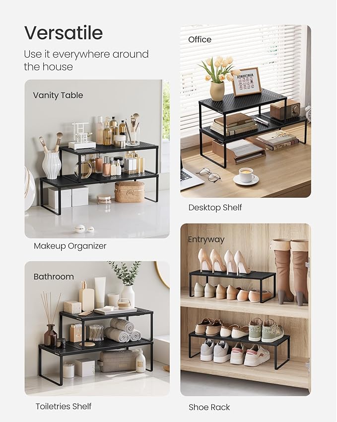 SONGMICS Spice Racks, Set of 2 Expandable Kitchen Countertop Shelves, Small Cupboard Organizers, Metal, Space-Saving Tabletop