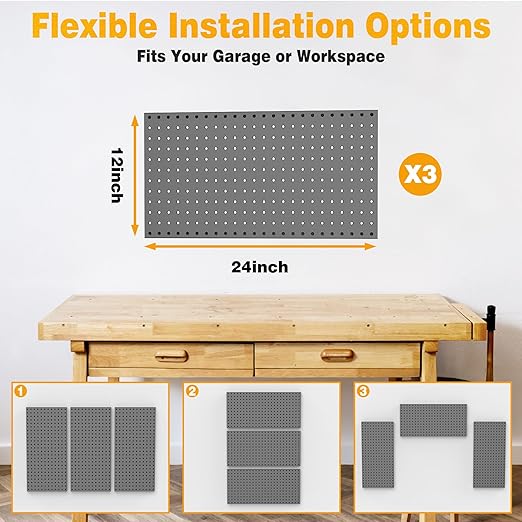 Pegboard Smith Metal Pegboard Panels 12" x 24", 3 Pack Black Wall Mounted Tool Organizer Boards, Heavy Duty Tool Storage Peg 