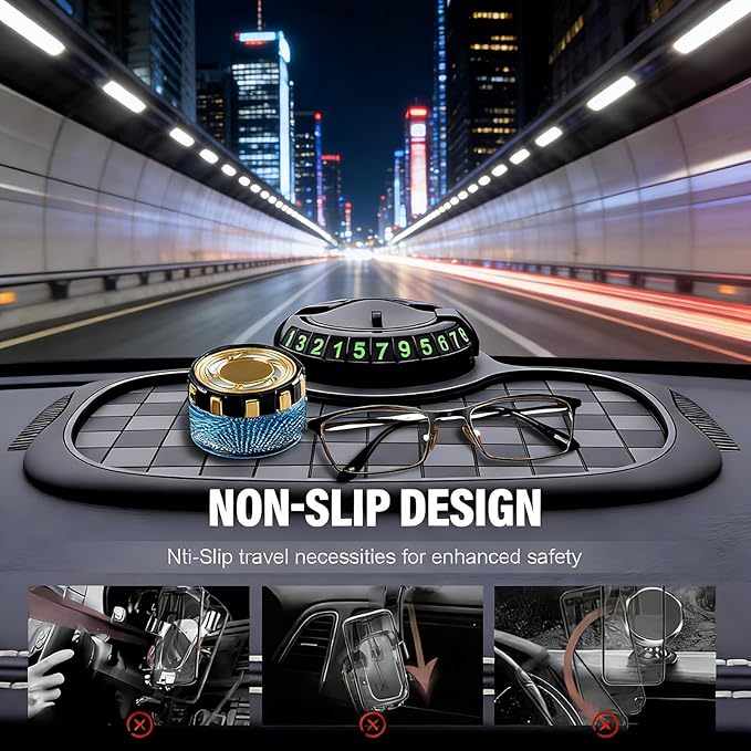 3-in-1 Car Dashboard Anti-Slip Mat, 360° Rotatable Phone Holder with Temporary Parking Number, Universal Fit Non-Slip Pad for