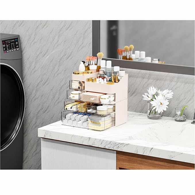 Pink Makeup Countertop Organizer,Large Capacity Make up Organizers for Vanity with 6 Drawer,Plastic Bathroom Skincare Organiz