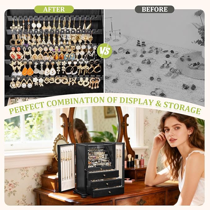 Jewelry Box Organizer, Rustic Wooden Jewelry Boxes for Women Girls, Large Storage Earring Holder Organizer Display for Earrin