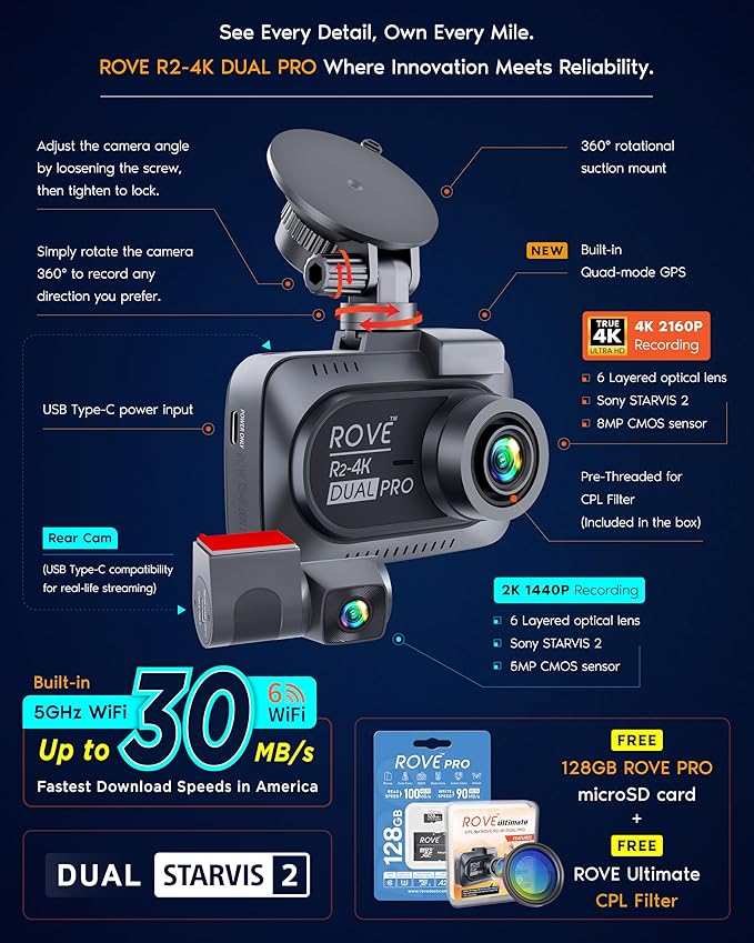 ROVE R2-4K Dual PRO Dash Cam Front and Rear, True 4K+2K Dash Camera for Cars, STARVIS 2 IMX678 + IMX675 Sensors, Free 128GB C