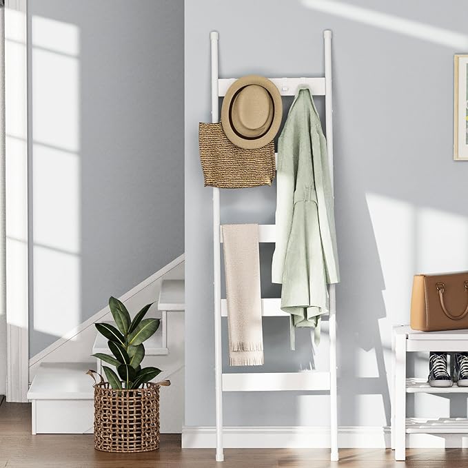 Blanket Ladder, 5-Tier Towel Holder with 4 Removable Hooks, Farmhouse Wall Leaning Decorative Rack Shelf, Wooden Towel Displa