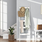 Blanket Ladder, 5-Tier Towel Holder with 4 Removable Hooks, Farmhouse Wall Leaning Decorative Rack Shelf, Wooden Towel Displa